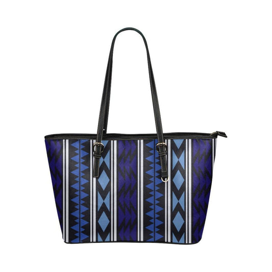 Large Leather Tote Shoulder Bag -  Blue Aztec Pattern Illustration